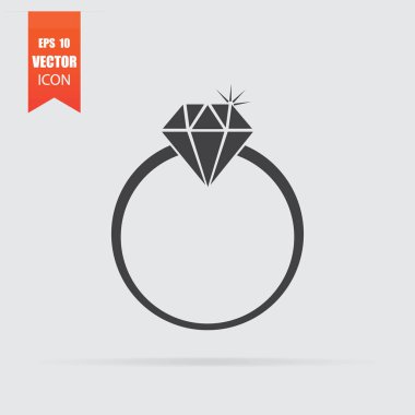 Elmas yüzük simgesinde düz stil gri arka plan üzerinde izole.