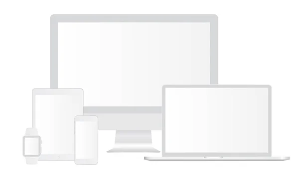 Conjunto de dispositivos eletrônicos brancos com telas em branco — Vetor de Stock