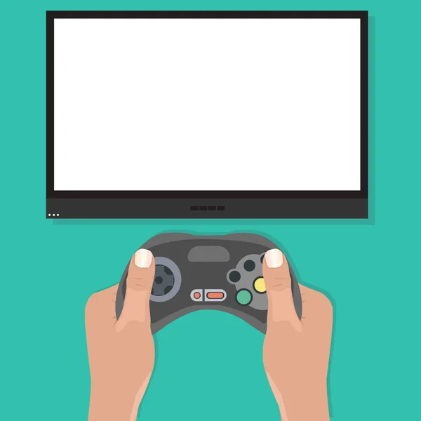 Gamepad in hands in front of blank tv screen — Stock Vector