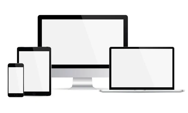 Set of devices with blank screens: computer monitor, laptop, smartphone, tablet — Stock Vector