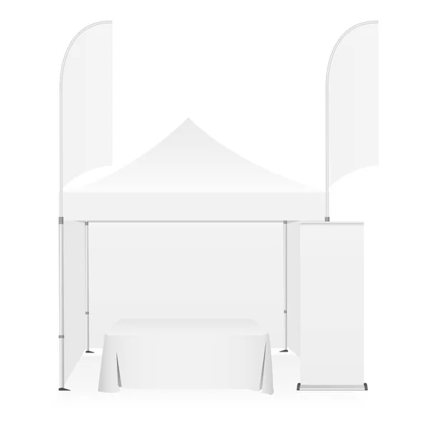 Tente à baldaquin extérieure avec drapeaux de bannière à deux côtés, table de démonstration et stand roll-up . — Image vectorielle
