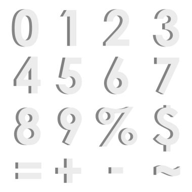 Set of white 3D numbers and symbols clipart