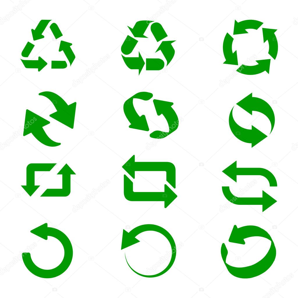 Set of green recycle signs. Circle arrow icon. Vector illustration