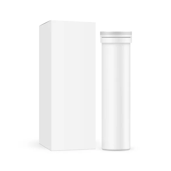 白い背景に隔離されたカートンボックスモックアップと発酵錠剤チューブ ベクターイラスト — ストックベクタ