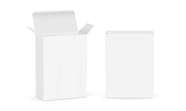 Δύο Λευκά Κουτιά Από Χαρτόνι Ανοιγμένα Και Κλειστά Μακέτες Απομονωμένα — Διανυσματικό Αρχείο