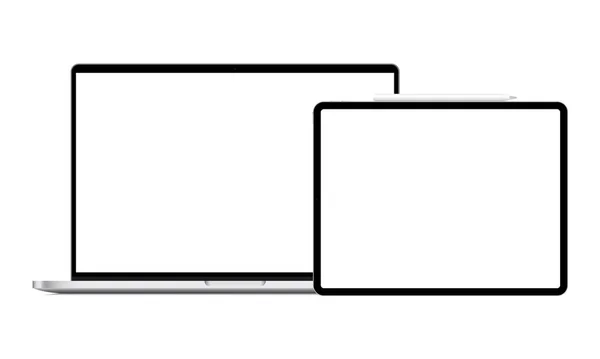Ordenador Portátil Tableta Horizontal Con Maqueta Lápiz Óptico Vista Frontal — Vector de stock
