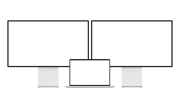 현대의 컴퓨터 모니터와 노트북은 백그라운드 프론트 분리되었다 일러스트 — 스톡 벡터