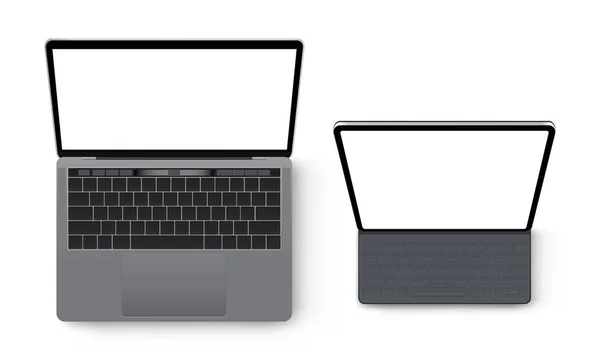 白い背景に隔離されたノートパソコンとタブレットのモックアップ 上からの眺め ベクターイラスト — ストックベクタ