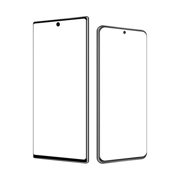 Két Modern Keret Nélküli Mobiltelefon Elszigetelt Fehér Háttérrel Oldalnézetben Vektorillusztráció — Stock Vector