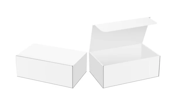 Cajas Embalaje Blanco Maquetas Con Tapa Abierta Cerrada Aisladas Sobre — Vector de stock