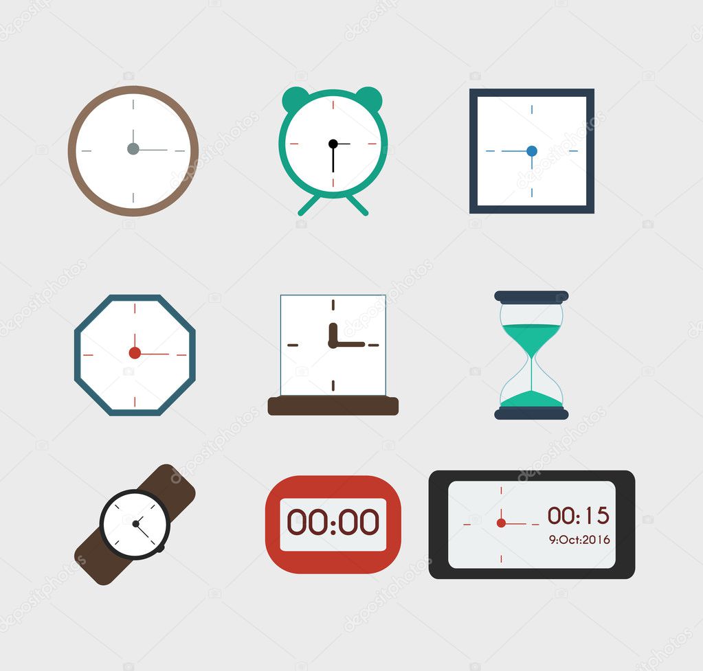 Watches in different colors, icons for web, vector set. Flat sty