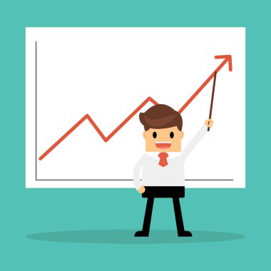 işadamı büyüyen bir grafik sunmak işaretçi sopayla