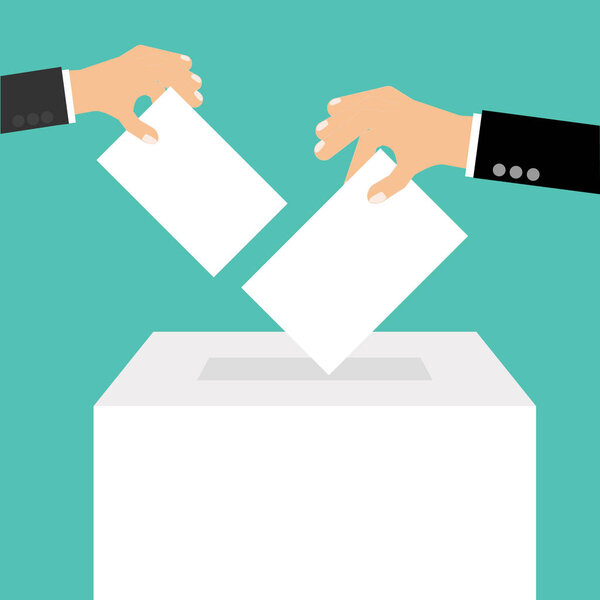 Концепция голосования в плоском стиле - ручная подача бумаги в бюллетень для голосования
 
