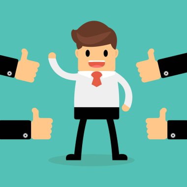 Happy Businessman with many hands thumbs up. feedback concept. clipart