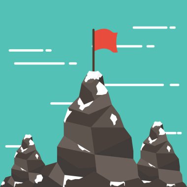 Kırmızı bayrak bir dağ tepe üzerinde. başarı ve misyonu. Düz stil.