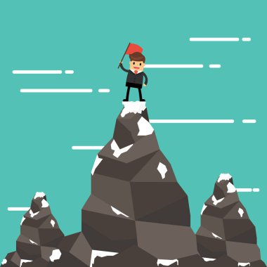 İşadamı bir dağ tepe, başarı ve misyon. Düz stil.