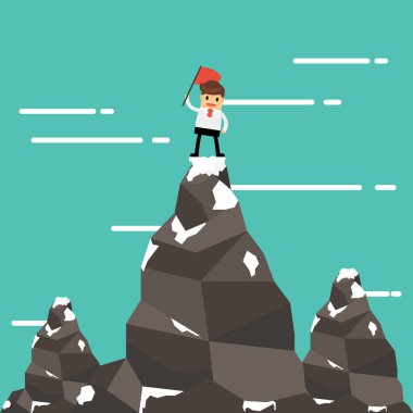 İşadamı bir dağ tepe, başarı ve misyon. Düz stil.