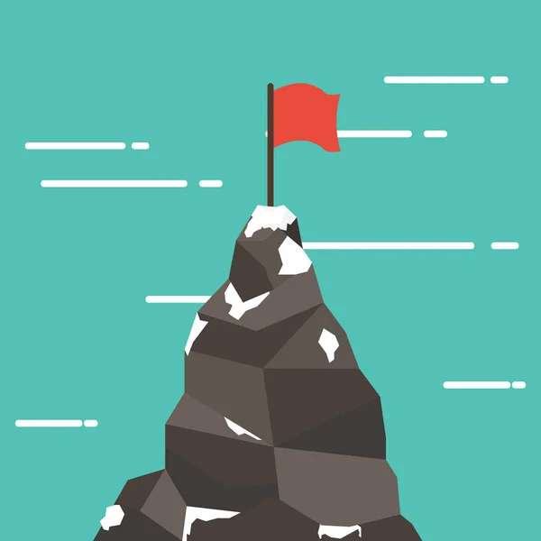 红旗插上一座山峰。成功和使命。平面样式. — 图库矢量图片