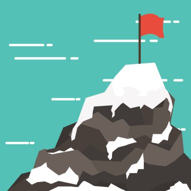 İş kavramı başarı ve misyonu. Kırmızı bayrak bir dağ pe üzerinde