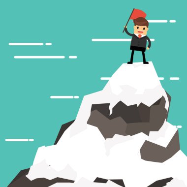 İşadamı bir dağ tepe, başarı ve misyon. Düz stil.