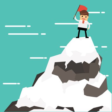 İşadamı bir dağ tepe, başarı ve misyon. Düz stil.