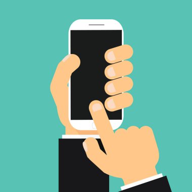 Akıllı telefon tutarak ve ekran dokunaklı işadamı el. Düz st