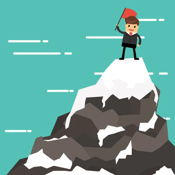 Επιχειρηματίας σε μια κορυφή βουνού, την επιτυχία και αποστολή. Επίπεδη στυλ. — Διανυσματικό Αρχείο