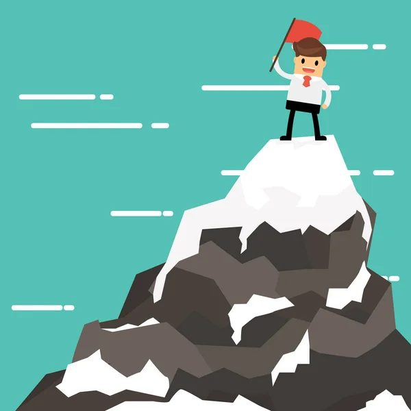 Επιχειρηματίας σε μια κορυφή βουνού, την επιτυχία και αποστολή. Επίπεδη στυλ. — Διανυσματικό Αρχείο