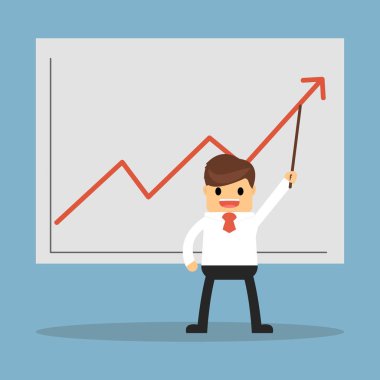 işadamı büyüyen bir grafik sunmak işaretçi sopayla