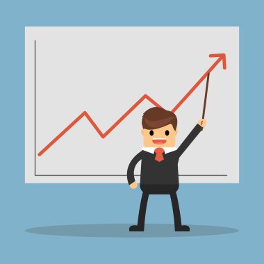 işadamı büyüyen bir grafik sunmak işaretçi sopayla