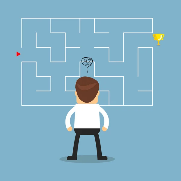 Geschäftsmann mit einem Labyrinth und denken über eine Lösung zum Erfolg nach. — Stockvektor