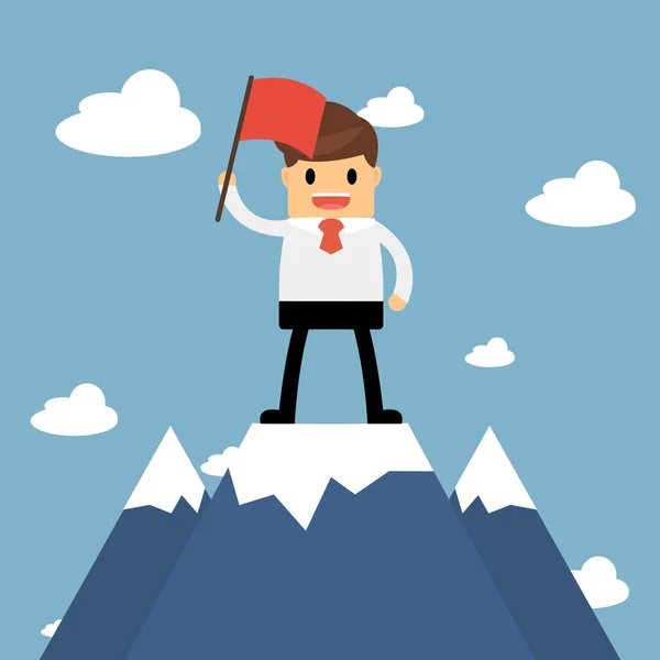 Επιχειρηματίας που κρατά την σημαία στην κορυφή του βουνού. Σχέδιο επιτυχίας — Διανυσματικό Αρχείο