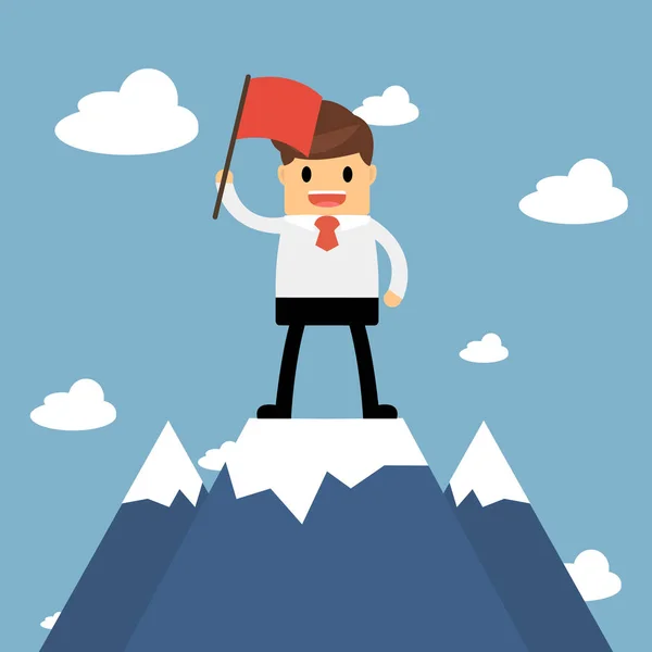 Businessman holding flag on top of mountain. Success concept — Stock Vector