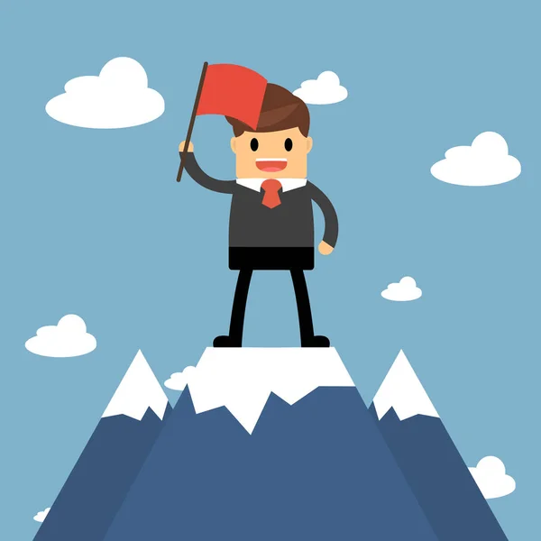 Geschäftsmann mit Fahne auf dem Gipfel des Berges. Erfolgskonzept — Stockvektor