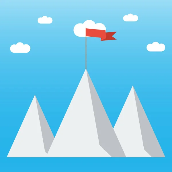 Drapeau rouge sur un sommet de montagne. Concept business et succès . — Image vectorielle