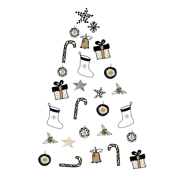 Weihnachtsbaum Vektor handgezeichnete Illustration mit Geschenken und Glocken. — Stockvektor