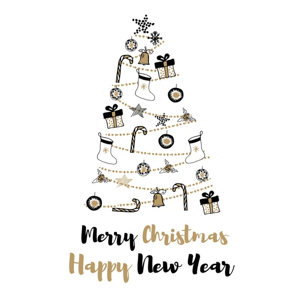 Weihnachtsbaum Vektor handgezeichnete Illustration mit Geschenken und Glocken. — Stockvektor