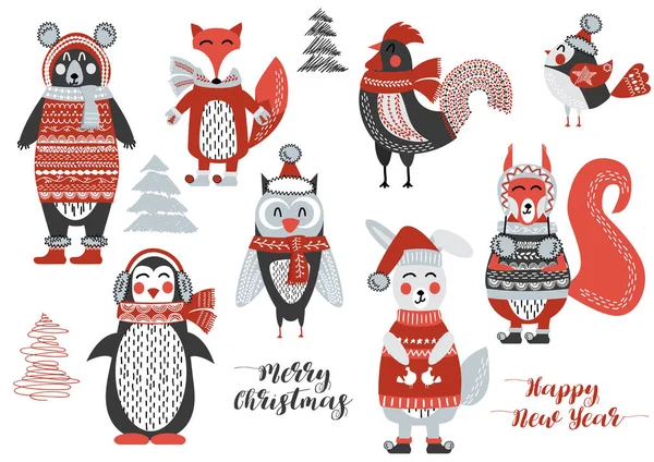 Kerst bos dieren Cute Forest. Beer, eekhoorn, konijn, uil, vogel, Haan, pinguïn, fox. Nieuwjaar en kerstkaarten. — Stockvector