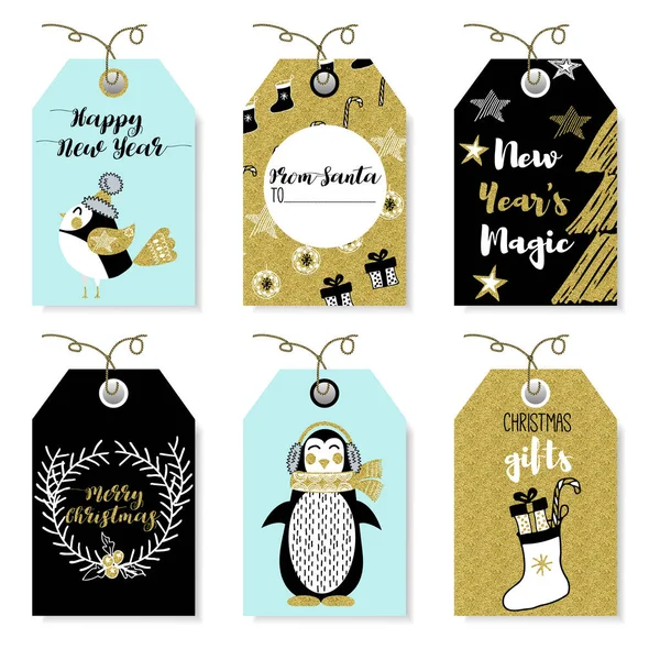 Christmas animals bear, squirrel, rabbit, owl, bird, rooster, penguin, fox. New Year and Christmas cards. Stylish tags with Christmas wishes. — Stock Vector