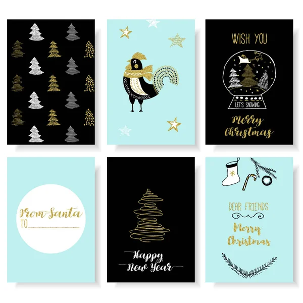 Weihnachtspostkarte mit Tieren Hahn. Neujahrs- und Weihnachtskarten. stilvolle Tags mit Weihnachtswünschen. — Stockvektor