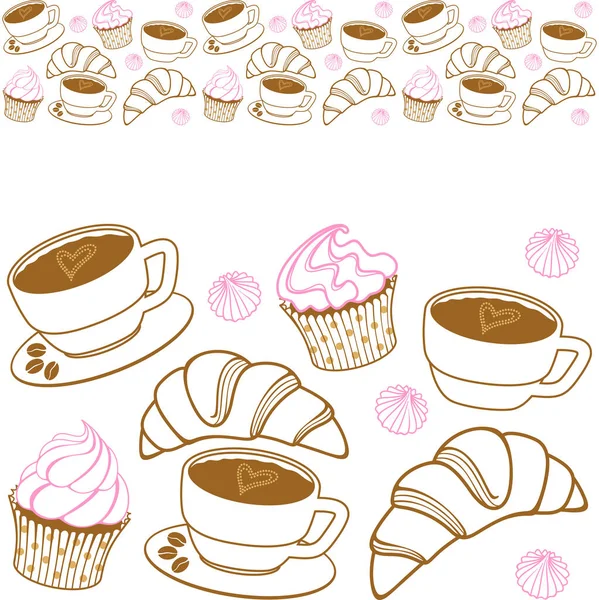 Seamless Horizontal Border Coffee Cups Saucers Croissants Muffins Meringues Graphic — Stock Vector