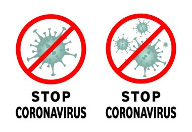 Coronavirus işaretini durdurun, antiviral savunma işareti, dikkat koronavirüs, halk sağlığı riskleri, koronavirüs tehlikesi. Koronavirüs salgını, virüsler, bakteriler, hastalıklar. Vektör grafik illüstrasyonu