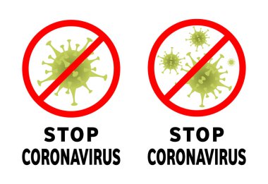 Coronavirus işaretini durdurun, koronavirüsü uyarın, halk sağlığı riskleri, koronavirüs tehlikesi, antiviral savunma işaretleri. Koronavirüs salgını, virüsler, bakteriler, hastalıklar. Vektör grafik illüstrasyonu