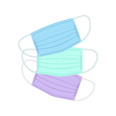 Tıbbi maske takıldı. Tıp merkezlerinin, eczanelerin, hastanelerin, ambalajların, kumaşların, tekstil ürünlerinin tasarımı için temel elementler. Hastalıkların önlenmesi, enfeksiyonlardan korunma, güvenli nefes alma