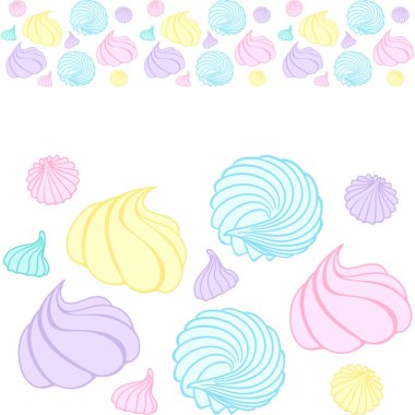 Rengarenk kremanın kusursuz yatay sınırı. Grafik vektör görüntüsü. Dekoratif elementler. Kafe, şekerci dükkanı, pastane, şekerci, paketleme, kağıt, kumaş, tekstil, menü üzerine baskı