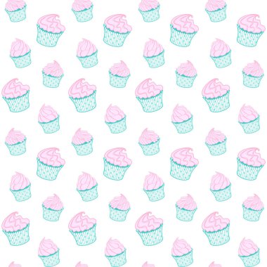 Turkuaz pembe kekler, beyaz arka planda kekler. Pastane, kafe, şekerci dükkanı, pastane, şekerci, ambalaj, ambalaj, ambalaj, menü için vektörsüz desen