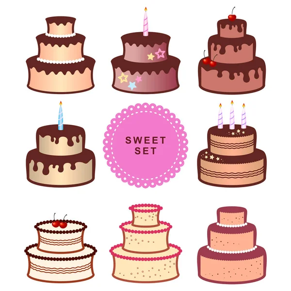 Ilustración Vectorial Pastel Cumpleaños Conjunto Elementos Decorativos Para Diseño Festivo — Vector de stock