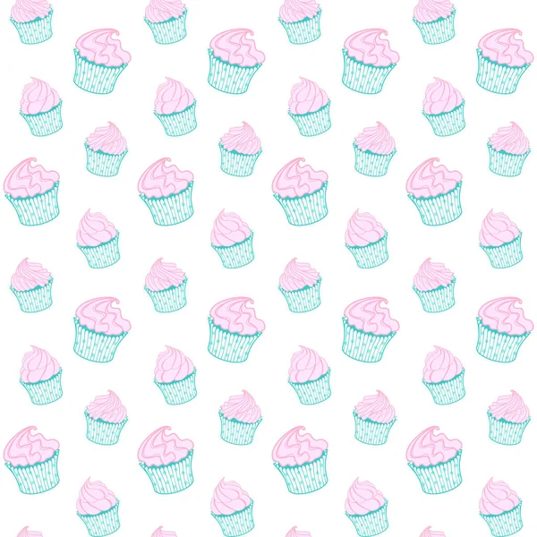 Türkis Rosa Muffins Cupcakes Auf Weißem Hintergrund Vektor Nahtlose Muster — Stockvektor