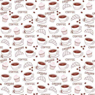 Bir fincan kahve ve çay tabağı, kahve çekirdekleri, kruvasan, kek ve yazı. Beyaz arka planda kahverengi ve pembe çizimler. Paketleme, kumaş, tekstil ve menüde yazdırmak için vektör kusursuz desen. Tasarım şablonu
