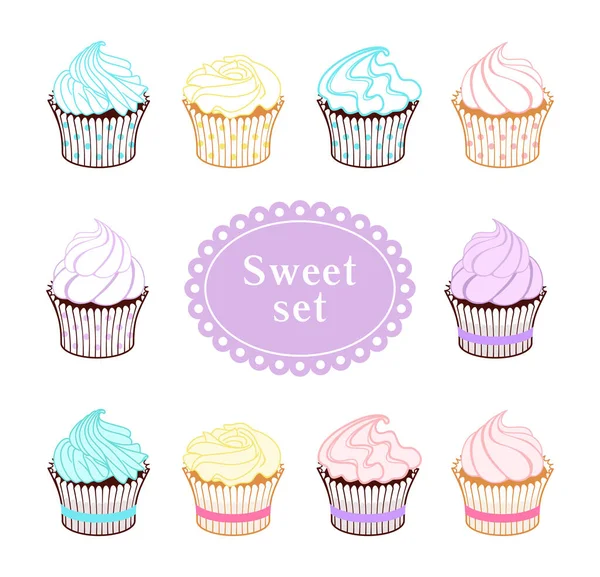 Set Van Kleurrijke Muffins Cupcakes Met Room Geïsoleerd Een Witte — Stockvector